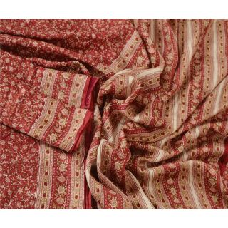 Sanskriti Vintage Dark Red Saree 100 Pure Silk Printed Sari Fabric Decor Craft 2