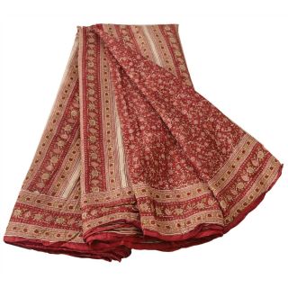 Sanskriti Vintage Dark Red Saree 100 Pure Silk Printed Sari Fabric Decor Craft 3