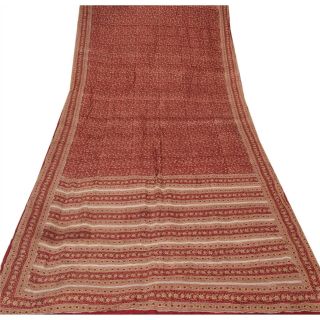 Sanskriti Vintage Dark Red Saree 100 Pure Silk Printed Sari Fabric Decor Craft 4