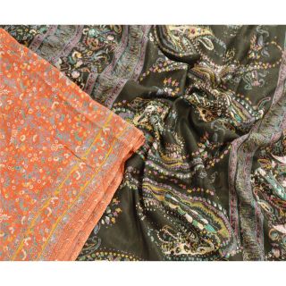 Tcw Vintage 100 Pure Cotton Saree Orange Printed Sari Craft Decor Fabric 2