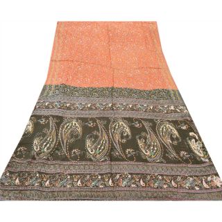 Tcw Vintage 100 Pure Cotton Saree Orange Printed Sari Craft Decor Fabric 4