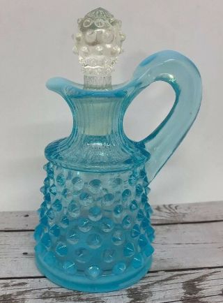 Vintage Fenton Art Glass Cruet Blue Opalescent Hobnail Hand Blown Pontil 3a