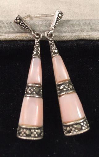 Vintage Jewellery Delightful Sterling Silver & Mother Of Pearl Art Deco Earrings