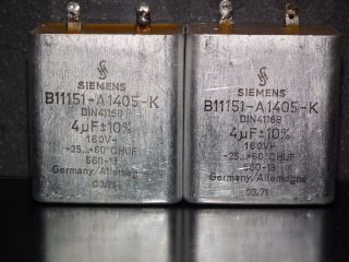 Two Vintage Siemens Pio Capacitors 4 Uf 160v Klangfilm Made In Germany 1971 4mfd
