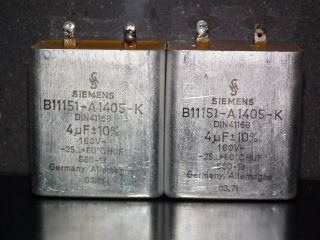 Two vintage Siemens PIO capacitors 4 uF 160V Klangfilm Made in Germany 1971 4mfd 6