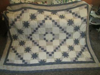 Vintage Hand Stitched Cotton Patchwork Quilt 82 X 66 Blue & Tan Star Pattern 406
