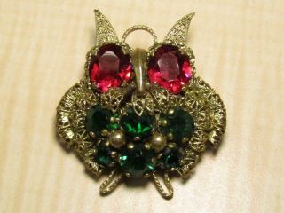 Vintage Made In Czechoslovakia Filigree Style Jewelry Crystal Owl Pin Brooch