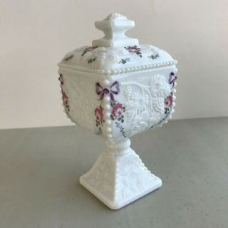 Vtg Westmoreland Milk Glass Beaded Hand Painted Pedestal Candy Dish Lid Compote