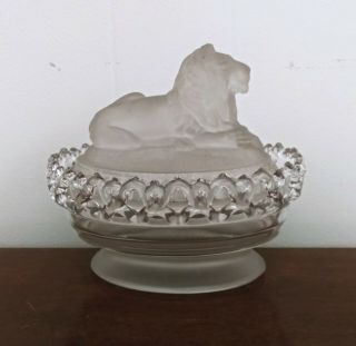 Vintage Imperial Glass Lion Covered Candy Trinket Dish Clear And Frosted Signed