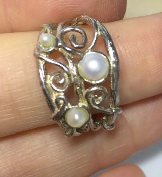 Vintage Sterling Silver And Real Pearl Arts & Crafts Style Ring Size Q
