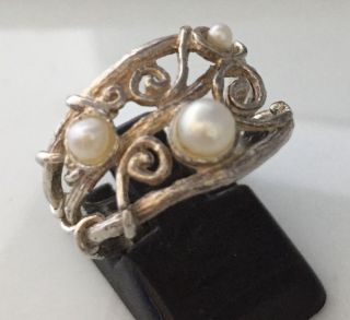 Vintage Sterling Silver And Real Pearl Arts & Crafts Style Ring Size Q 2