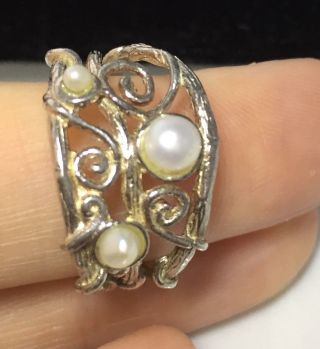 Vintage Sterling Silver And Real Pearl Arts & Crafts Style Ring Size Q 3