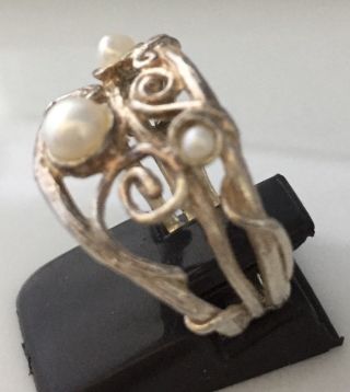 Vintage Sterling Silver And Real Pearl Arts & Crafts Style Ring Size Q 4