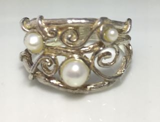 Vintage Sterling Silver And Real Pearl Arts & Crafts Style Ring Size Q 6