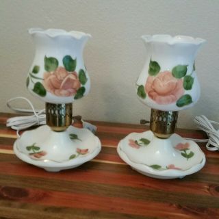 2 Vintage Milk Glass Table Lamp Hand Painted Rose Scallop Base Hurricane Light