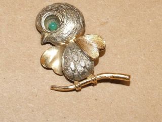 Vintage Wells Sterling Silver & 14k Gold Filled Bird Pin Brooch W/ Jade Eye 1.  5 "