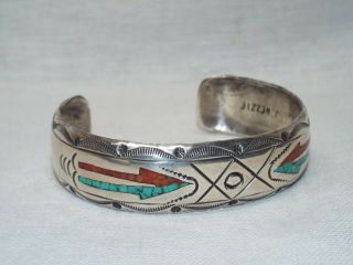 Vintage J.  Nezzie Native American Sterling Silver Turquoise Coral Cuff Bracelet