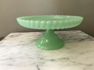 Vintage Jadeite Spiral Scalloped Pedestal Cake Plate Dish