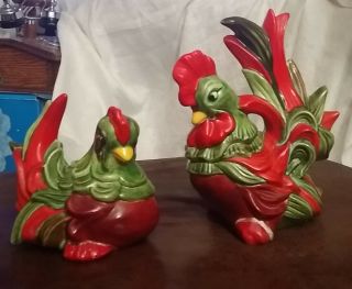 Vintage Atlantic Mold Hand Painted Ceramic Hen Rooster Chickens 1955