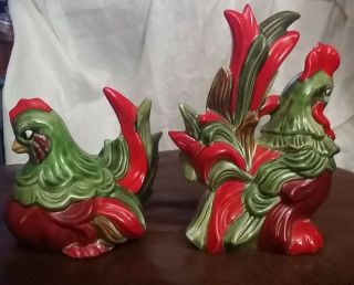 Vintage Atlantic Mold Hand Painted Ceramic Hen Rooster Chickens 1955 2