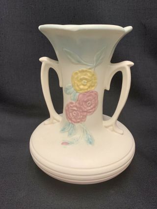 Hull 102 Vase Vintage Muscle Handles Pink Yellow Open Rose Camellia Floral 1943
