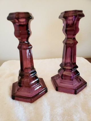 Vintage Pair Amethyst Purple Glass Candlestick Holders Hex Base Marked Mma