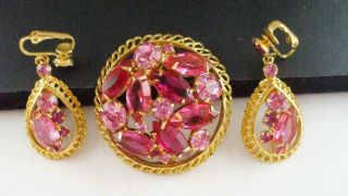 Lovely Vintage Pink Marquis & Round Rhinestone Pin Brooch & Earrings Set,  Clips