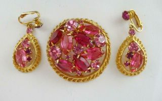 LOVELY VINTAGE PINK MARQUIS & ROUND RHINESTONE PIN BROOCH & EARRINGS SET,  CLIPS 2