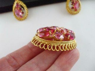 LOVELY VINTAGE PINK MARQUIS & ROUND RHINESTONE PIN BROOCH & EARRINGS SET,  CLIPS 3
