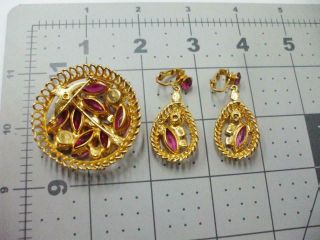 LOVELY VINTAGE PINK MARQUIS & ROUND RHINESTONE PIN BROOCH & EARRINGS SET,  CLIPS 4