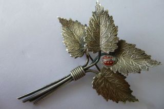 Vintage Old Sterling Silver Charles Horner Ladybird On Leaf Brooch Pin