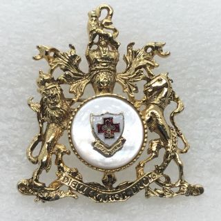 Signed Coro Vintage Royal Family Crest Brooch Pin Mother Of Pearl Enamel Horses