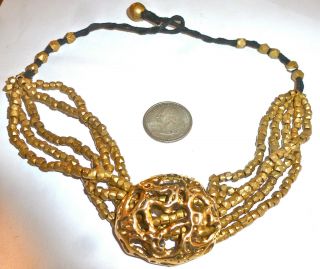 Africa Vtg 5 Gold Faceted Bead Black Cord Multi - Strand Choker Cool Gold Pendant