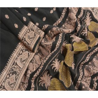 Sanskriti Vintage 100 Pure Cotton Saree Black Woven Sari Craft Decor Fabric 2