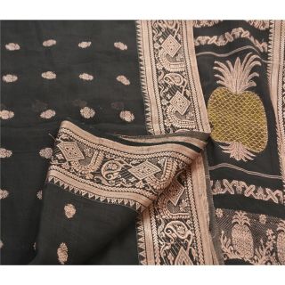 Sanskriti Vintage 100 Pure Cotton Saree Black Woven Sari Craft Decor Fabric 3