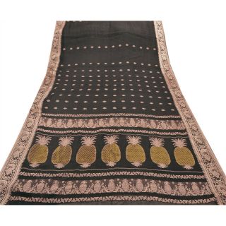Sanskriti Vintage 100 Pure Cotton Saree Black Woven Sari Craft Decor Fabric 4