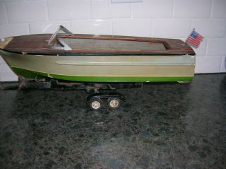TOY WOOD BOAT ON TRAILER ITO BOAT K&O BATTERY OPERATED BOAT WOODEN VINTAGE 2