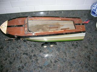 TOY WOOD BOAT ON TRAILER ITO BOAT K&O BATTERY OPERATED BOAT WOODEN VINTAGE 3
