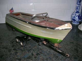 TOY WOOD BOAT ON TRAILER ITO BOAT K&O BATTERY OPERATED BOAT WOODEN VINTAGE 4