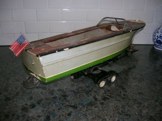 TOY WOOD BOAT ON TRAILER ITO BOAT K&O BATTERY OPERATED BOAT WOODEN VINTAGE 5