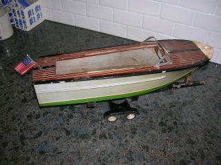 TOY WOOD BOAT ON TRAILER ITO BOAT K&O BATTERY OPERATED BOAT WOODEN VINTAGE 6
