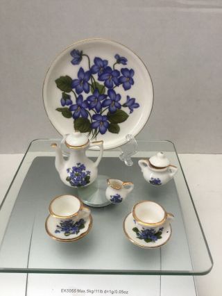 10pc Vintage Miniature Tea Set White W Blue Flowers Mini Porcelain Fairy Garden