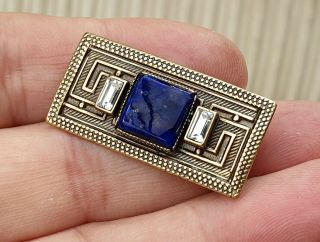 Vintage Art Deco Jewellery Lapis Lazuli & Baguette Crystal Gold Brooch Shawl Pin