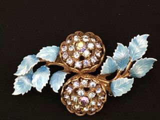 Vintage Unsigned Designer Blue Enamel Ab Rhinestone Flower Brooch