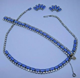 Vintage Blue Moonstone Clear Rhinestone Necklace Bracelet Earrings Parure Set