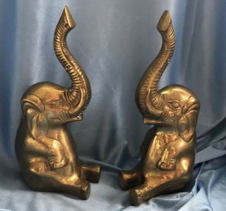 Vintage Set Of 2 Brass Sitting Elephants Trunks Up Bookends Figurines Good Luck