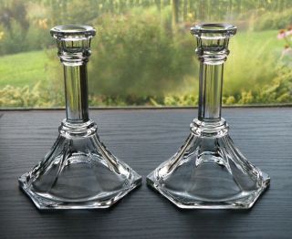 Set of 12 Vintage 6” Clear Glass Taper Candlesticks Candleholders Hexagon Base 2