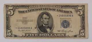 Old 1953 $5 Dollar Bill Us Silver Certificate Star Note Vintage Estate