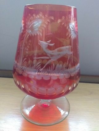 Vintage Bohemian Etched Cranberry Glass Vase.
