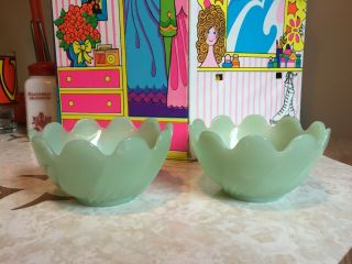 Vintage Jadeite Jadite Fire King Lotus Blossom Dessert Bowl Scalloped Edge Pair